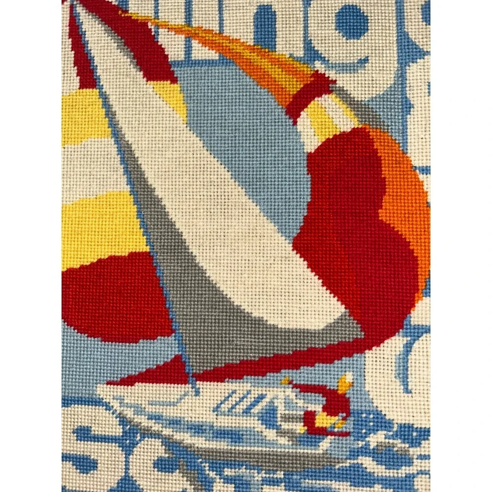 Vintage Art Coastal Sailing Needlepoint Framed Art Pair Nautical Beach Decor 2pc